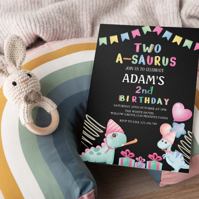 Invitation Dinosaure de la fête noire du 2e anniversaire de T (Créateur téléchargé)