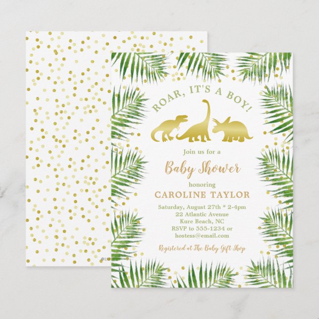 Invitation Dinosaure d'or Baby shower de verdure tropicale (Devant / Derrière)