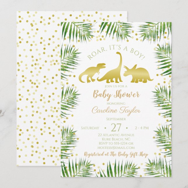Invitation Dinosaure d'or Baby shower de verdure tropicale (Devant / Derrière)