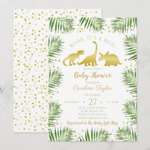 Invitation Dinosaure d'or Baby shower de verdure tropicale