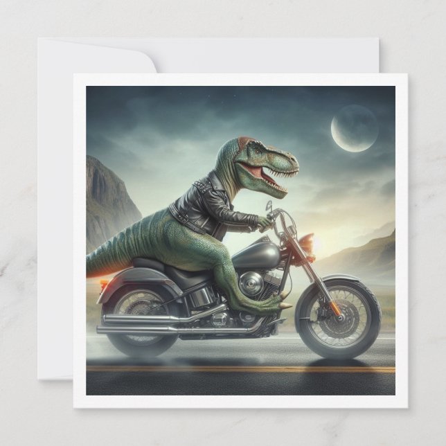 Invitation Dinosaure Drôle, Dinosaure Sur Moto Anniversaire (Devant)