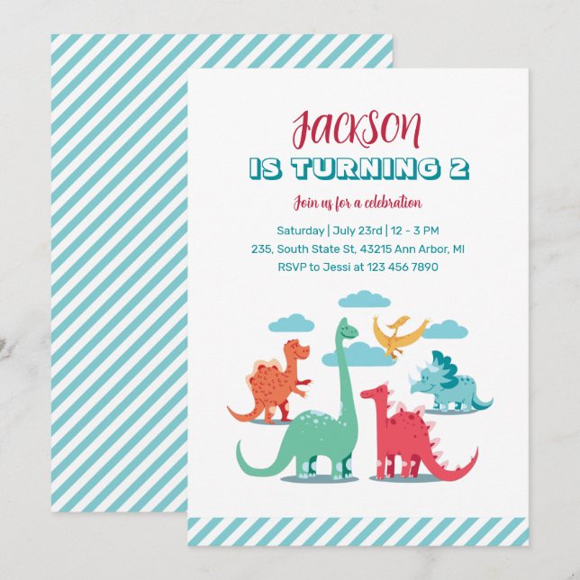 Invitation Dinosaure Espèces Enfants Jurassique Anniversaire  (Devant / Derrière)