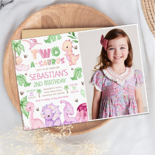 Invitation Dinosaure fille à deux A-Saurus 2e anniversaire Ph