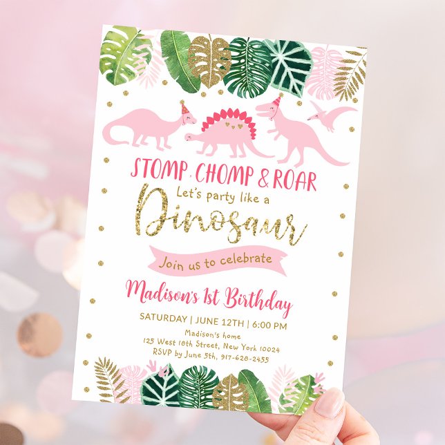 Invitation Dinosaure fille rose et or Anniversaire (Créateur téléchargé)