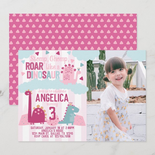 Invitation Dinosaure fille rose fête d'anniversaire Invitatio (Devant / Derrière)