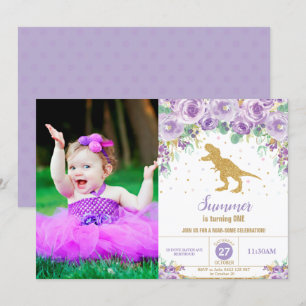Invitation Dinosaure Floral Violet Fille Anniversaire T-Rex P