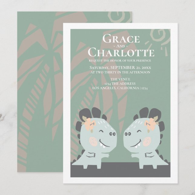 Invitation Dinosaure gay moderne Mariage de deux mariées (Devant / Derrière)