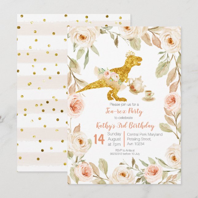 Invitation Dinosaure Gold Tea Party 1er anniversaire (Devant / Derrière)