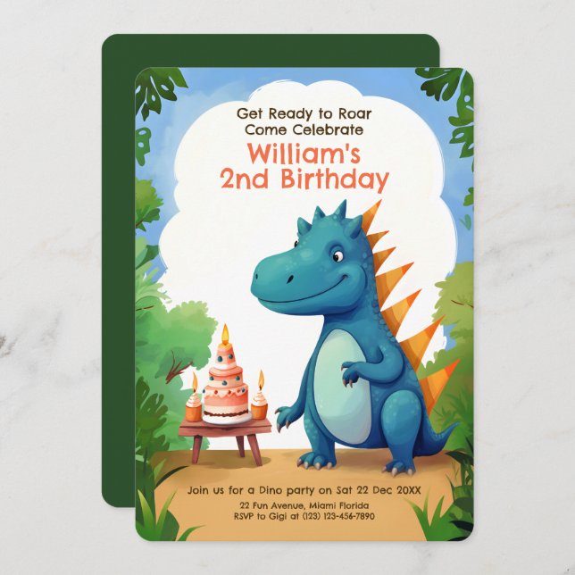 Invitation Dinosaure mignon avec gâteau | Anniversaire de enf (Devant / Derrière)