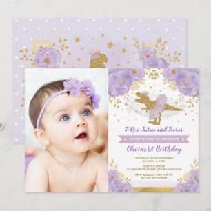 Invitation Dinosaure Or Lavande T Rex Fille Photo Anniversair