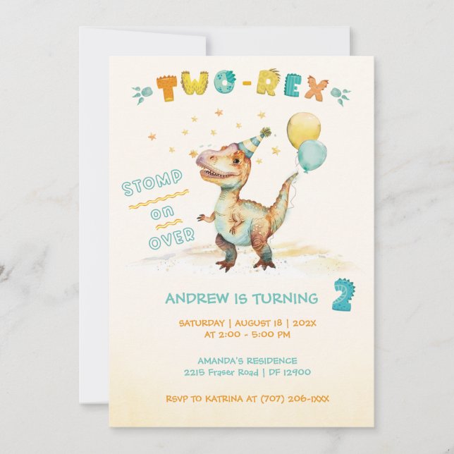 Invitation Dinosaure Personnalisé Deuxième fête d'anniversair (Devant)