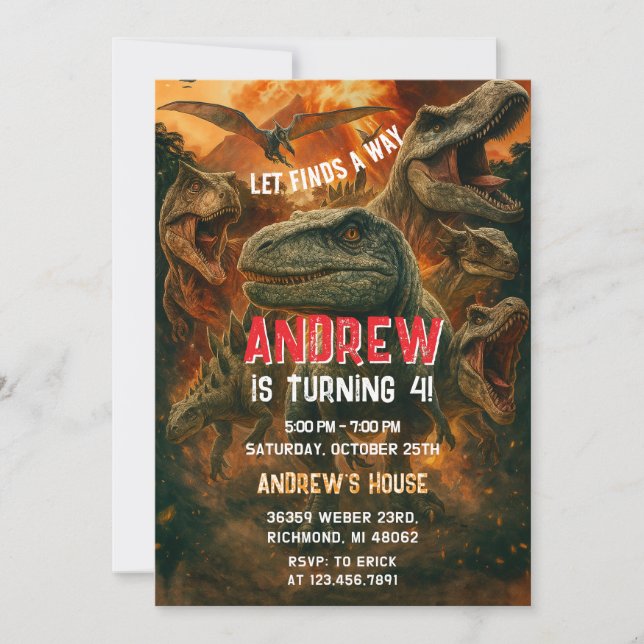 Invitation Dinosaure personnel anniversaire T-Rex (Devant)