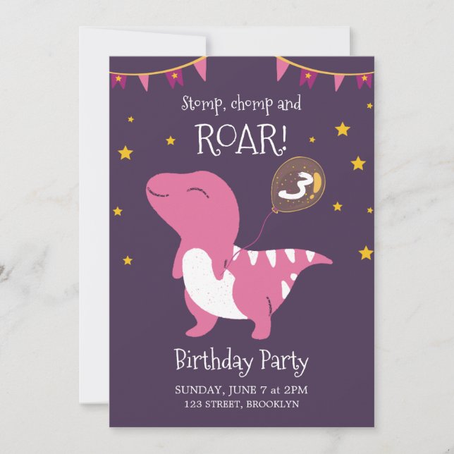 Invitation Dinosaure Roche Violet Et Rose Anniversaire (Devant)
