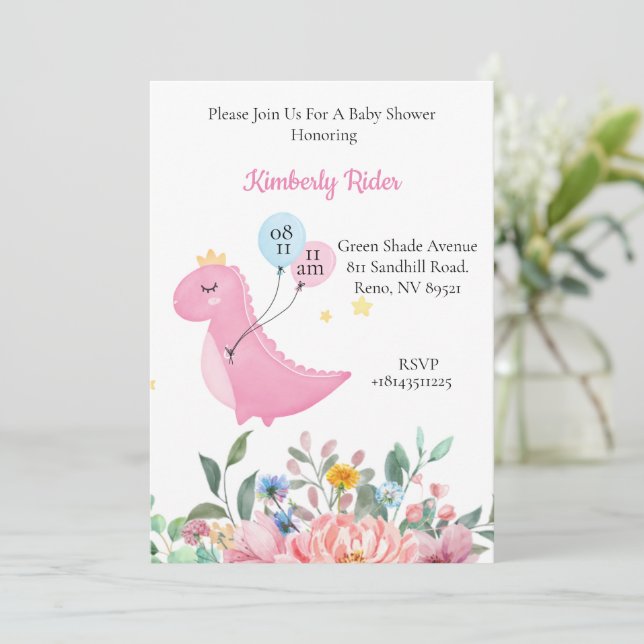 Invitation Dinosaure rose (Debout devant)