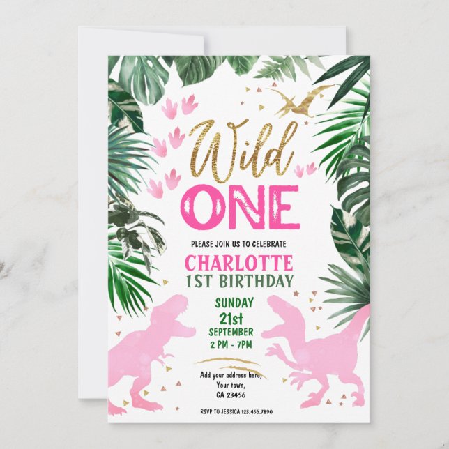 Invitation Dinosaure rose 1er Anniversaire sauvage (Devant)