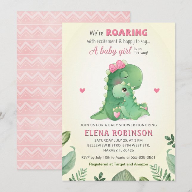 Invitation Dinosaure rose Bébé Fille Douche Wild Sweet Parsem (Devant / Derrière)
