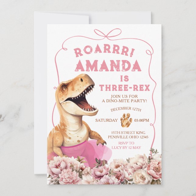 Invitation Dinosaure rose dessiné à la main Trois-Rex Floral  (Devant)