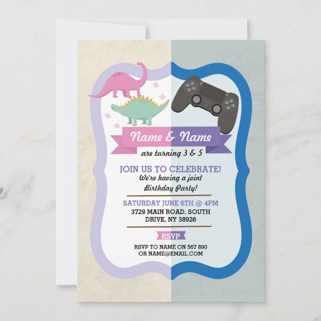 Invitation Dinosaure rose et Jeu Jeu Joueur-Garçon Anniversai (Devant)