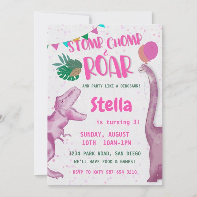 Invitation Dinosaure Rose fille (Devant)