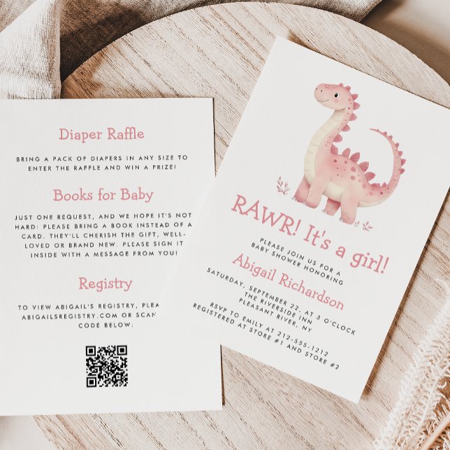 Invitation Dinosaure rose mignon Code QR Baby shower fille (Créateur téléchargé)