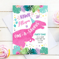 Invitation Dinosaure rose One-A-Saurus Fille 1er anniversaire