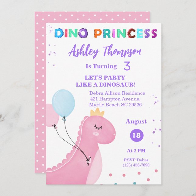 Invitation Dinosaure rose Princesse Filles TRex fête d'annive (Devant / Derrière)