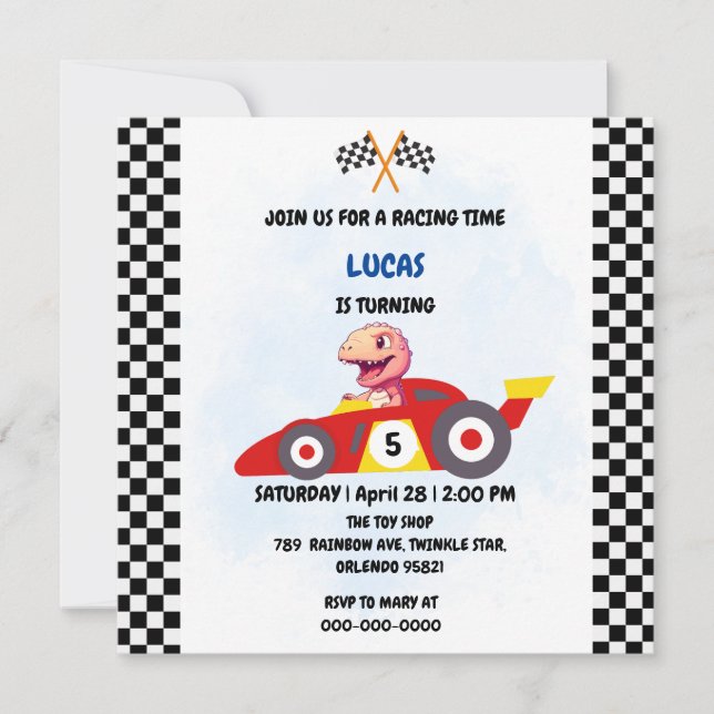Invitation Dinosaure rose Rouge Race voiture garçon Fun Anniv (Devant)
