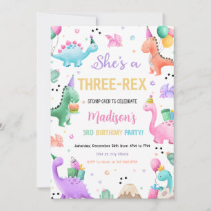 Invitation Dinosaure rose Trois Rex Girl Dino fête d'annivers