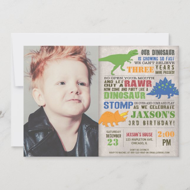 Invitation dinosaure rustique anniversaire photo garçon premi (Devant)