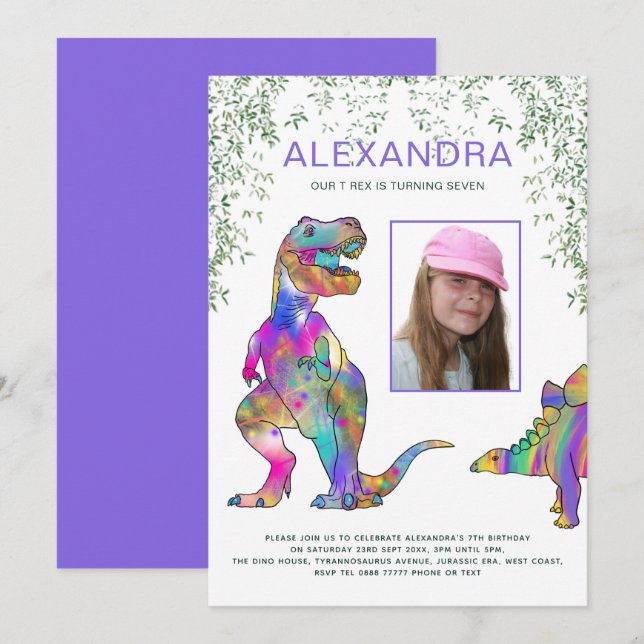 Invitation Dinosaure Thème Filles Anniversaire Photo Fête vio (Devant / Derrière)