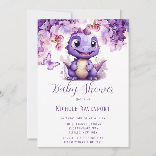 Invitation Dinosaure violet Baby shower papillon floral (Devant)