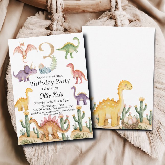 Invitation Dinosaures colorés 3e fête d'anniversaire (Créateur téléchargé)