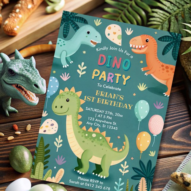 Invitation Dinosaures colorés mignons Garçon premier annivers (Créateur téléchargé)