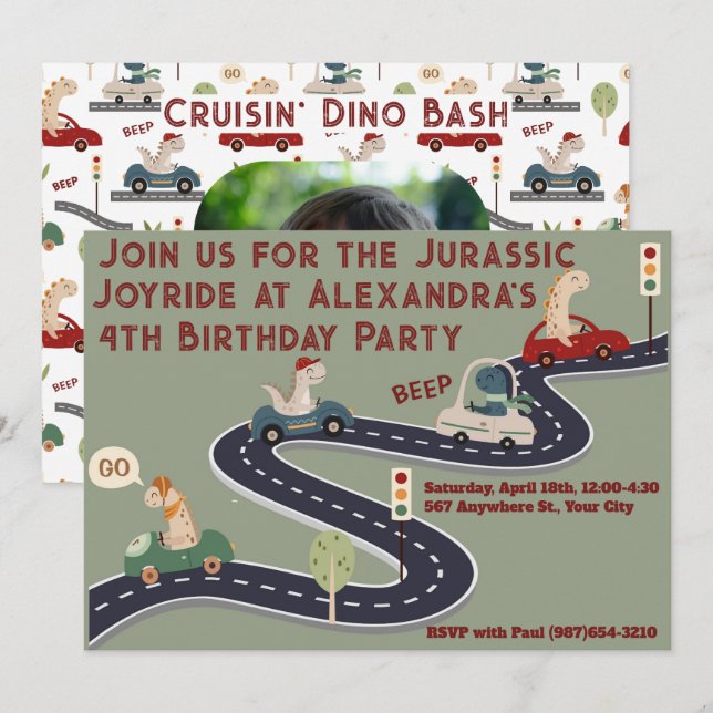 Invitation Dinosaures colorés préhistoriques personnalisés (Devant / Derrière)