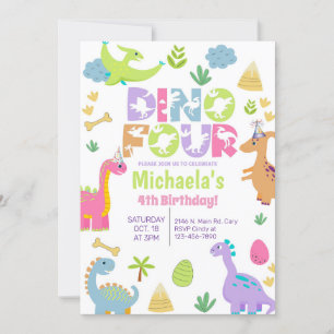 Invitation Dinosaures dino-quatre fille 4ème anniversaire inv