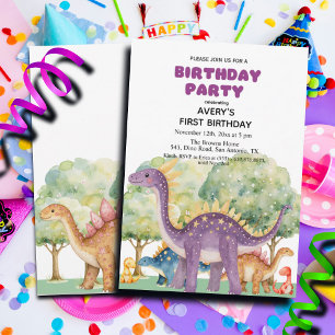 Invitation Dinosaures et arbres Colorée 1ère fête d'anniversa