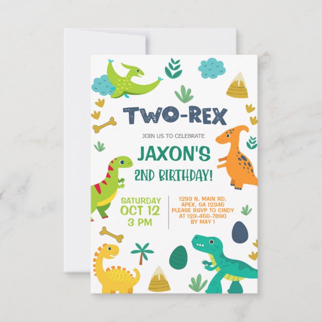 Invitation Dinosaures garçon TWO-REX 2e anniversaire invitati (Devant)