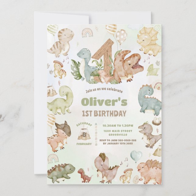 Invitation Dinosaures Joyeux 1er Anniversaire (Devant)