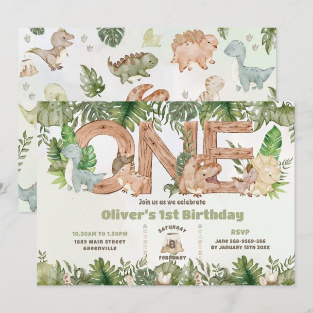 Invitation Dinosaures mignonette Verdure UN 1er premier anniv (Devant / Derrière)