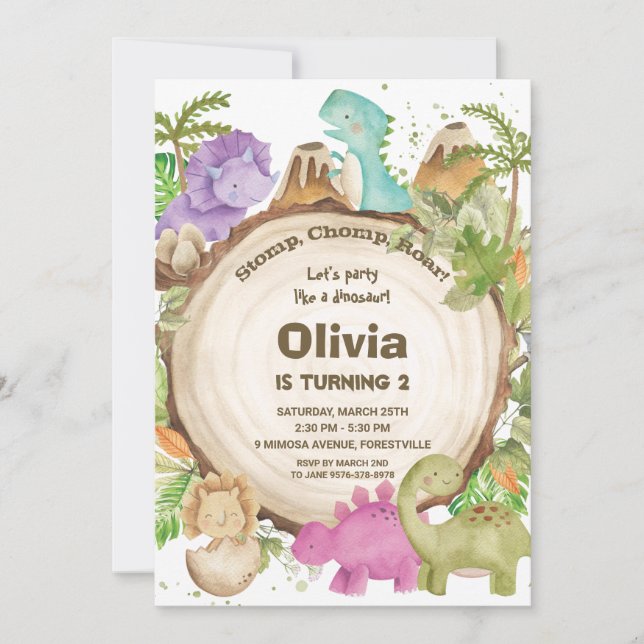 Invitation Dinosaures mignonnes Fille 1er anniversaire (Devant)