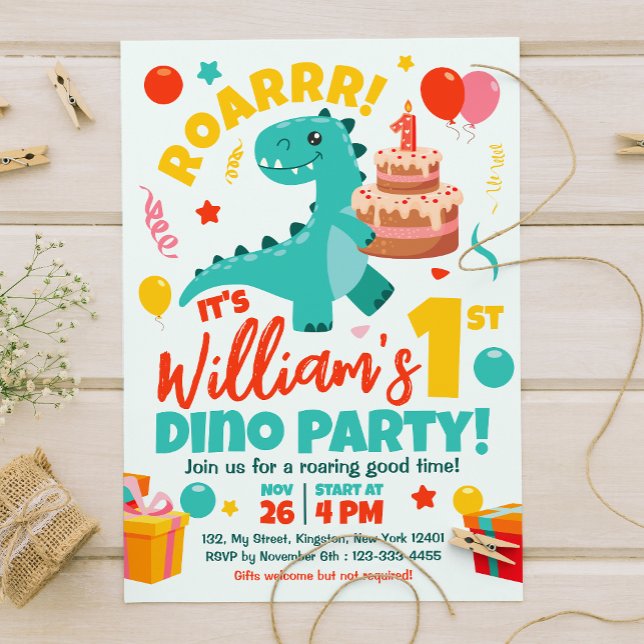 Invitation Dinosaures plats 1er anniversaire coloré (Créateur téléchargé)