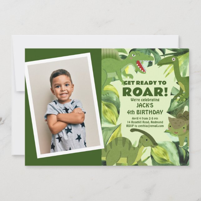 Invitation Dinosaures rugissants Photo d'anniversaire de l'en (Devant)
