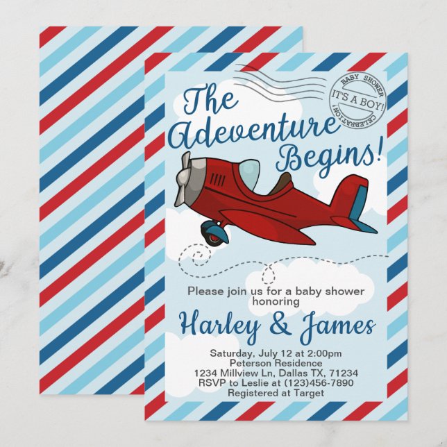 Invitation d'invitation au Baby shower d'avion vin (Devant / Derrière)