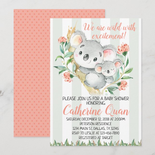 Invitation d'invitation de baby shower de koala (Devant / Derrière)