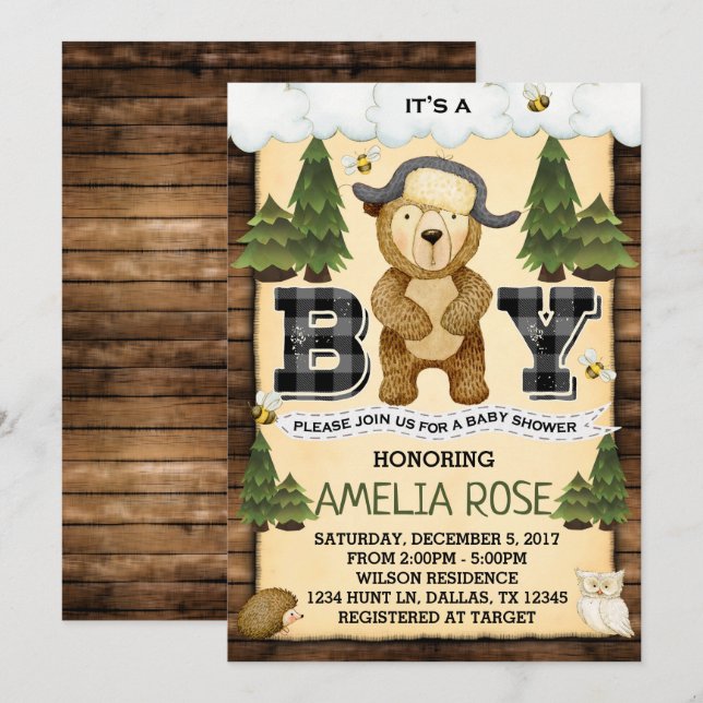 Invitation d'invitation de baby shower d'ours de (Devant / Derrière)