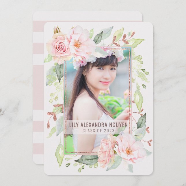 Invitation Diplôme | Aquarelle Blush Rose Floral (Devant / Derrière)