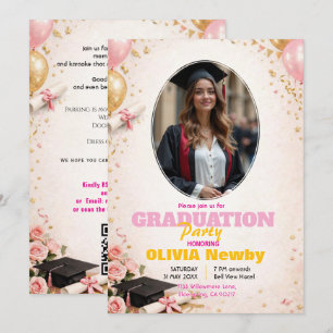 Invitation 🎓Diplôme avec code QR Rose & Ballon Lumineux Grad