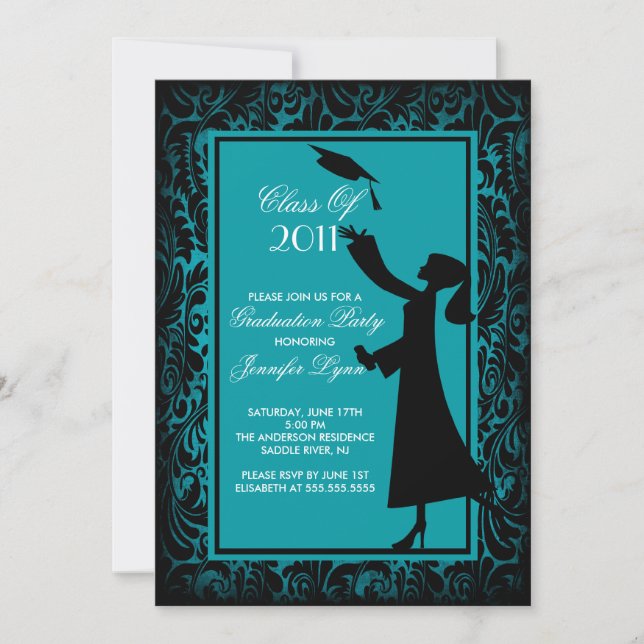 Invitation Diplômé bleu de silhouette d'invitation (Devant)