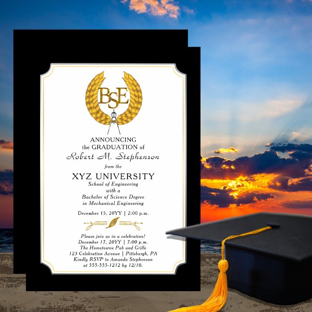 Invitation Diplôme BSE - Baccalauréat en ingénierie des scien (Elegant "BSE" Engineering Graduate Graduation Announcement and Party Invitation - Print | Download)