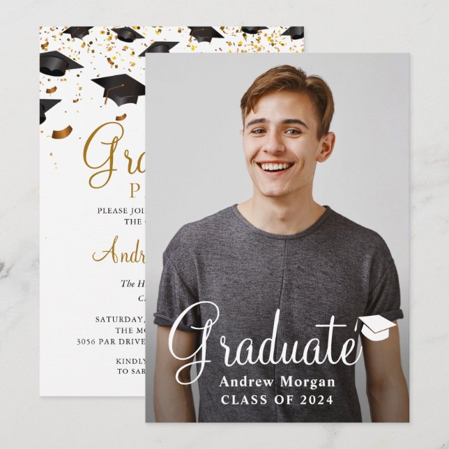 Invitation Diplôme Cap & Gold confetti Diplômé Photo Grad (Devant / Derrière)
